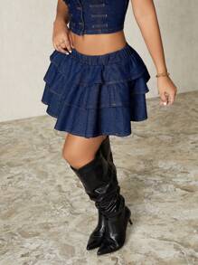 SHEIN SXY 女款三层牛仔半身裙 - 藍色 - 查看 5