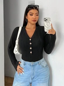 SHEIN EZwear 大码黑色针织紧身 V 领前扣长袖连身衣，适合冬季 - 黑色 - 查看 3