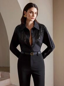 Anewsta Áo cánh cỡ lớn đính ngọc trai và sequin, thiết kế độc đáo và nữ tính, áo sơ mi cài nút tay dài dành cho nữ - màu đen - Xem 6
