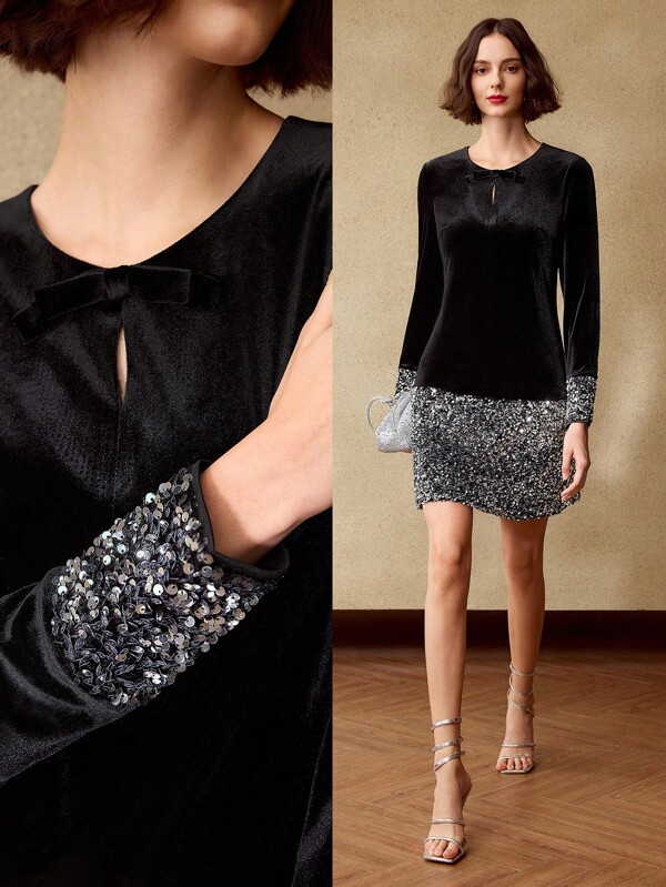 MOTF PREMIUM VELVET AND SEQUIN PANEL BOW FRONT SLIM FIT SHORT DRESS