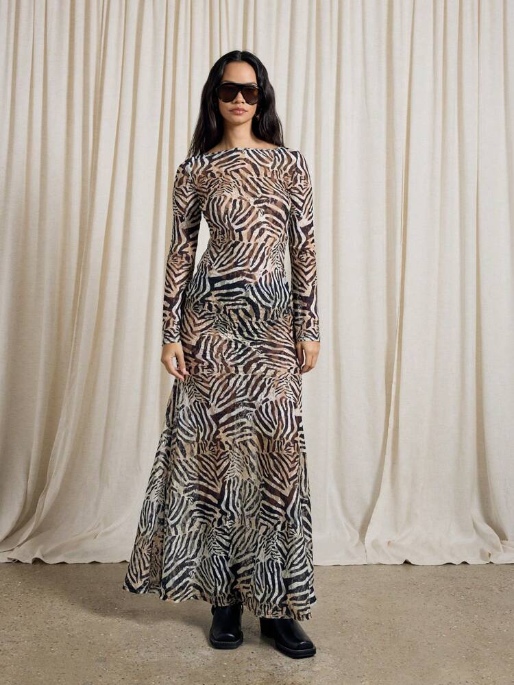 AiiRZ Animal Print Maxi Dress Long Sleeve Flowy Evening Dress Open Back Tie Design Zebra Pattern Floor Length Fall Winter Resort Wear