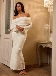 Opulessa Jesienna i zimowa impreza świąteczna seksowna elegancka wakacyjna jednokolorowa dzianinowa sukienka z długim rękawem dopasowana z odkrytymi ramionami syrenka z 3D kwiatowym wystrojem dla kobiet