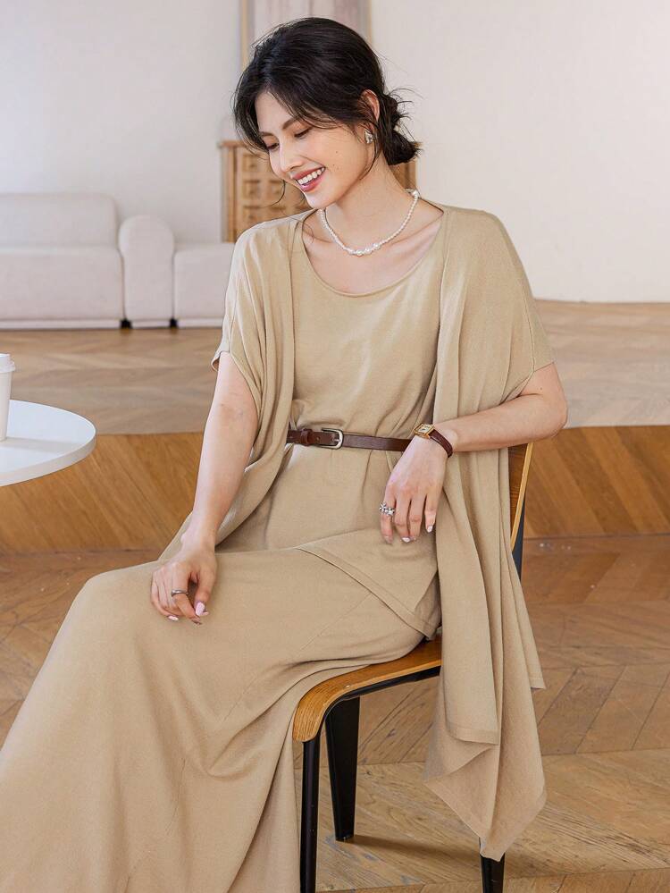 2pcs Women Sweater & Solid Color Skirt Set With Belt, Elegant Fall
