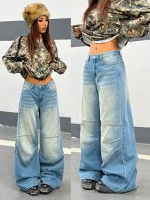 SHEIN EZwear Quần Jeans Ống Rộng Lưng Thấp Thời Trang Đường Phố Thường Ngày Cho Nữ, Màu Xanh - Rửa nhẹ - Xem 5