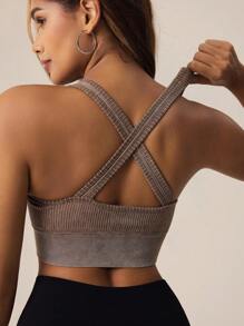 Lifespree 女士无缝高弹交叉运动胸罩 - 卡其色 - 查看 6
