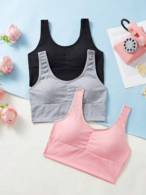 3 pièces/Set Ensemble de lingerie minimaliste décontracté avec bretelles larges de couleur unie pour adolescentes