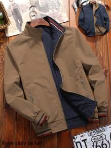 Manfinity Sporsity Men's Solid Color Zippered Stand Collar Casual Jacket, Autumn