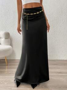 SHEIN Clasi Casual Elegant Romantic Style Everyday Versatile Elastic Waist Ribbing Hem Long Bodycon Stretch Knit Skirt For Women, Autumn/Winter Maxi Women Outfit
