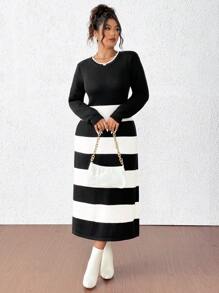 Franclia Plus Size Damska Okrągły Dekolt Paski Patchwork Długi Rękaw Prosta Swobodna Elegancka Dzianinowa Sukienka, Na Zimę