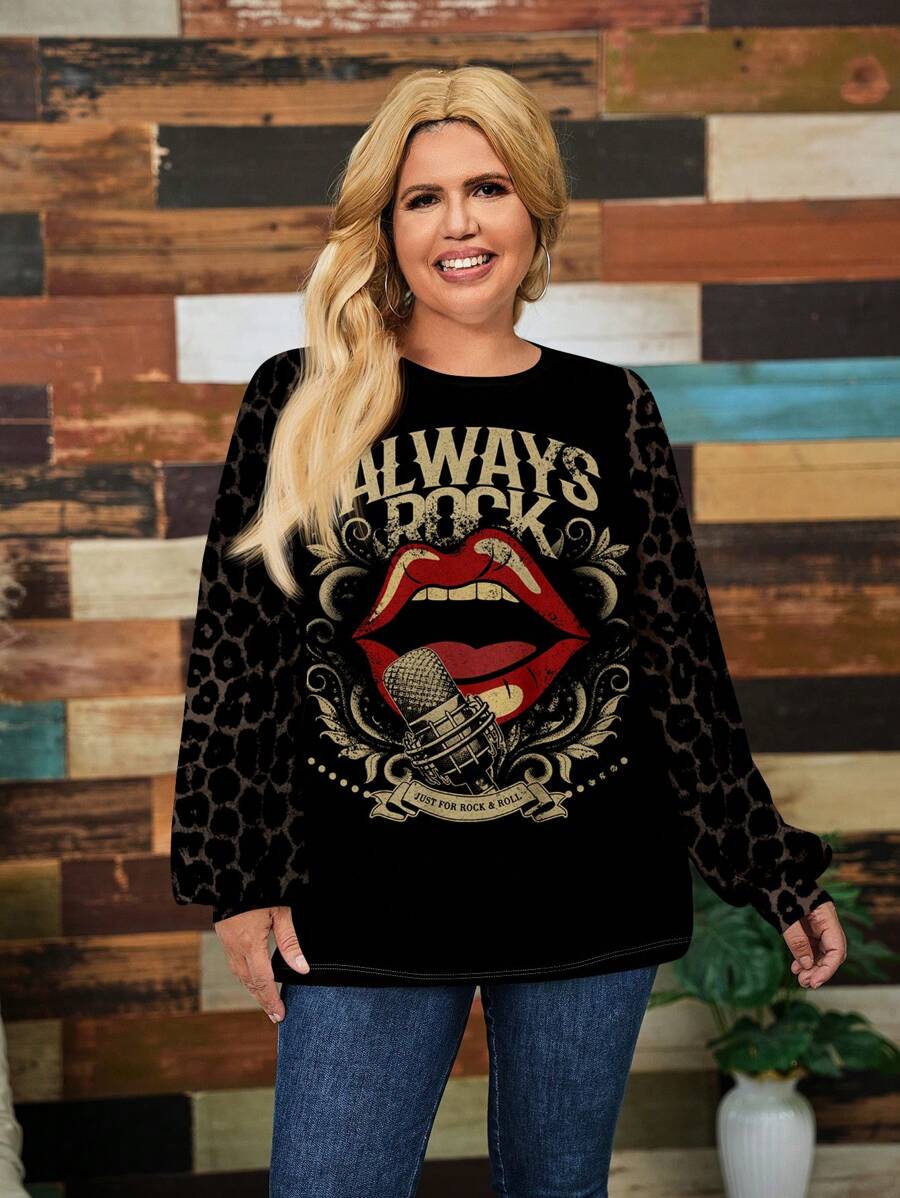 SHEIN LUNE Plus Size Leopard Lip Graphic Lantern Sleeve Loose Crew Neck T-Shirt, Suitable For Autumn/Winter - Multicolor - View 1