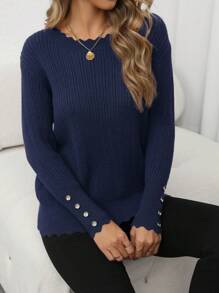 SHEIN Unity Plus Size Solid Color Scallop Trim Long Sleeve Casual Button Decor Sweater, For Winter Knit Pullover Fall - Navy Blue - View 5