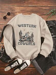 INAWLY Letter & Cactus Print Thermal Lined Sweatshirt Pullover Fall Sweatshirt - Apricot - View 1