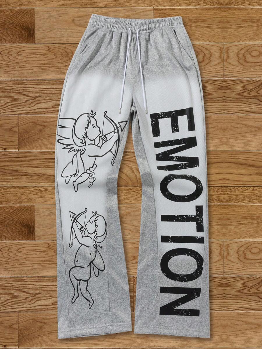 Manfinity Roghcode Men's Angel & Letter Print Drawstring Casual Flared Leg Sweatpants - Light Grey - View 1