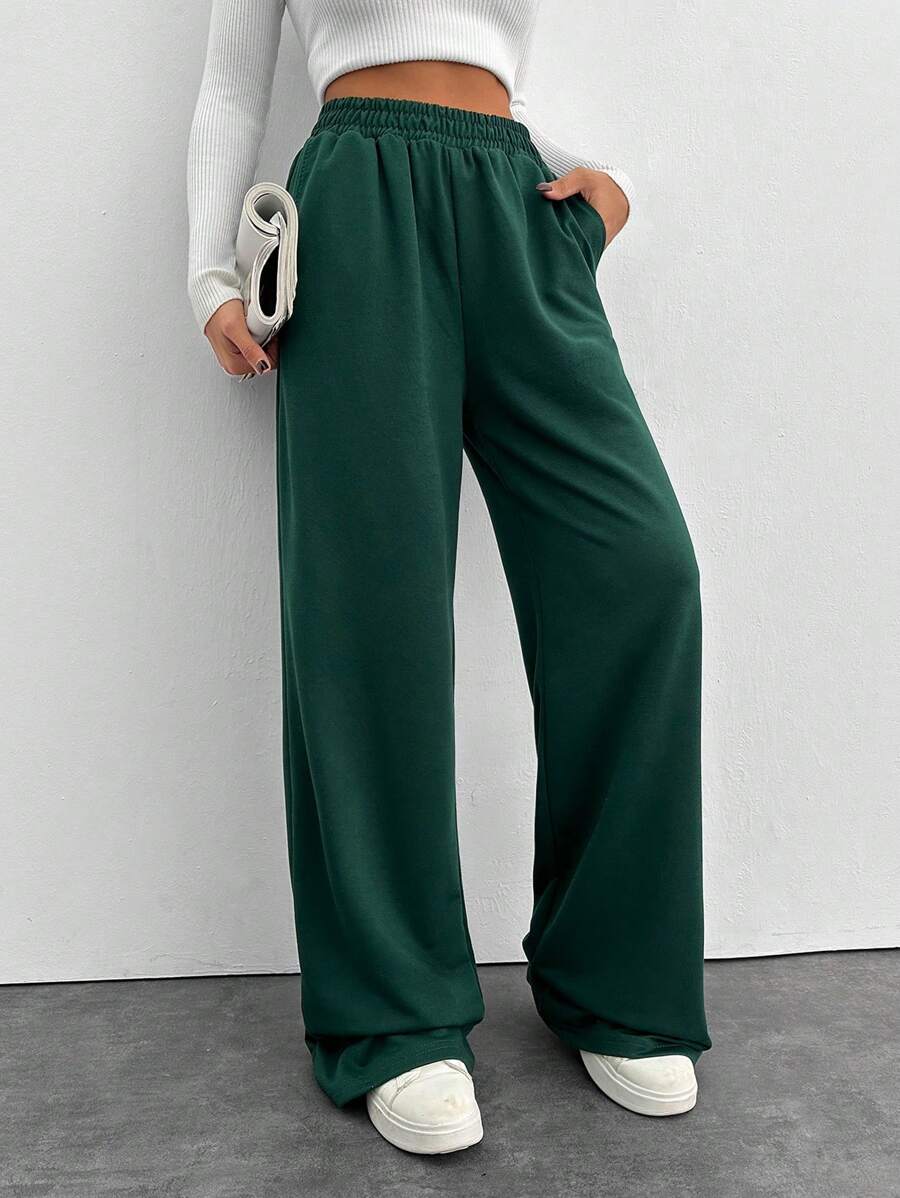 Women's Solid Color Elastic Waist Pocket Wide Leg Loose Casual Sweatpants