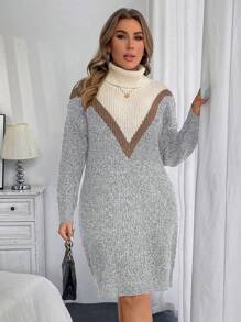 Calvaya Plus Size Jednolity Kolor Patchwork Golf Długi Rękaw Casual Krótki Sweter Sukienka, Na Zimę