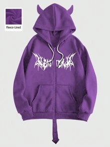 ROMWE MEN Street Life Men Letter Print Pocket Hoodie Zip-Up Sweatshirt With Horns - Purple - View 1