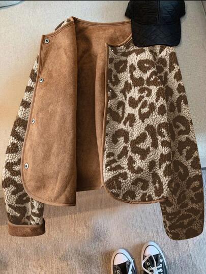SoleilVie 女士常规夹克，豹纹图案，秋冬季保暖