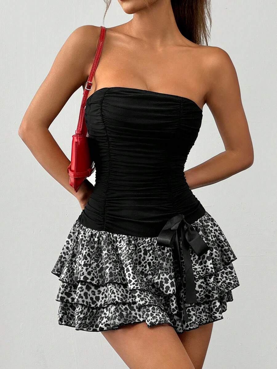 Muchica 女士豹纹荷叶边网眼连衣裙（蛋糕下摆） - 灰色 - 查看 1