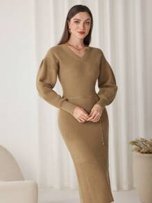 Modelyn Women's Solid Color V-Neck Elegant Long Sleeve Sweater Dress - Camel - View 1