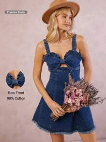 WESTFADE Premium Denim Coquette Knot 99% Cotton Mini Dress