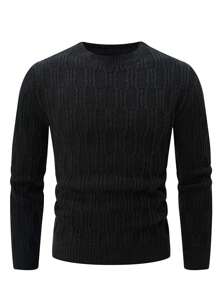 Manfinity Homme Men's Solid Color Round Neck Long Sleeve Casual Sweater, Autumn/Winter - Black - View 1