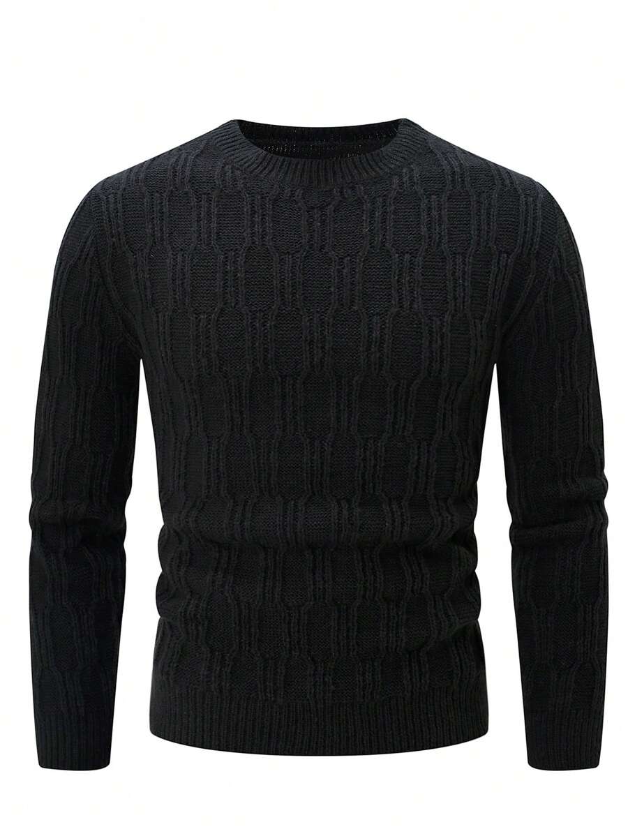Manfinity Homme Men's Solid Color Round Neck Long Sleeve Casual Sweater, Autumn/Winter - Black - View 1