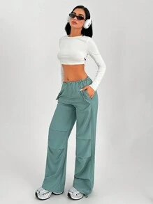SHEIN Cottnline Women Solid Color Drawstring Waist Pleated Relaxed Straight Leg Casual Pants - Cadet Blue - View 3