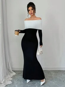 Elenzga 1pc Women Off-The-Shoulder Long Bodycon Colorblock Fish Tail Sweater Dress Fall Cloth For Women