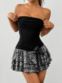 Muchica 女士豹纹荷叶边网眼连衣裙（蛋糕下摆） - 灰色 - 查看 3