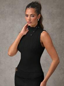 SHEIN BAE 女士立领无袖针织毛衣上衣，休闲纯色，秋冬 - 黑色 - 查看 1