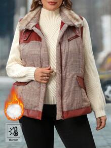 SHEIN LUNE Chaqueta sin mangas elegante de Navidad para uso diario en otoño/invierno para mujer de talla grande, con cuello esponjoso y cremallera de color contrastante