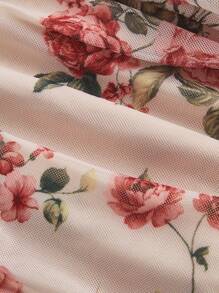 SHEIN MOD Áo kiểu nữ cổ vuông, in hoa màu xanh trắng, dáng ôm, xếp ly, thanh lịch, thích hợp cho mùa thu, thời trang, áo kiểu thời Phục Hưng, hội chợ thời Phục Hưng. - Màu Hoa hồng đỏ - Xem 4