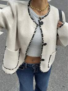 Siren Gaze Women's Casual Solid Color Blended Wool Short Tweed Jacket Fashion Street Leopard Print Patchwork Short Loose Jacket Women's Autumn Coat Winter Spring - Apricot - View 5