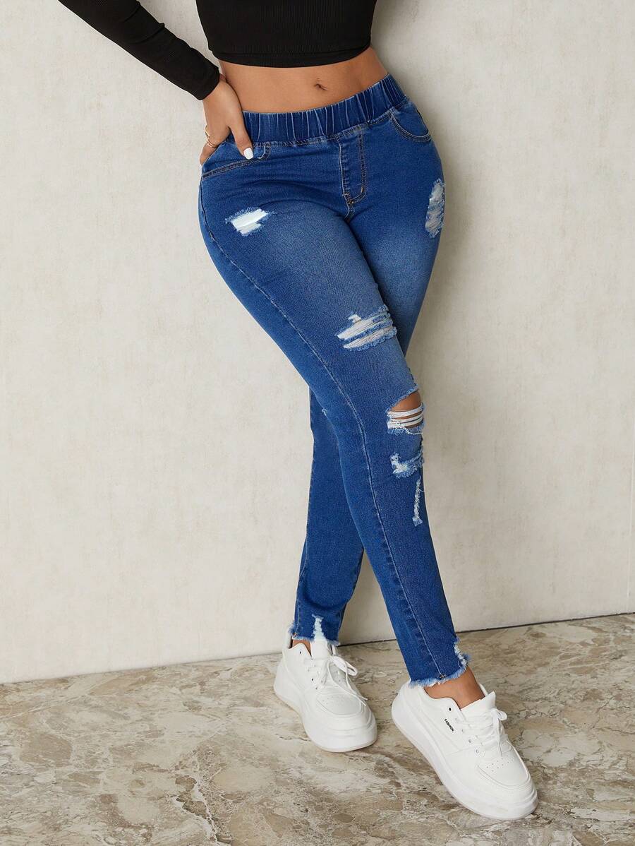 SHEIN SXY 女士纯色破洞紧身口袋牛仔裤，休闲百搭