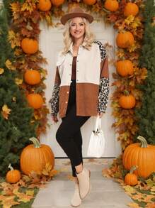 SHEIN LUNE Manteau décontracté en patchwork léopard grande taille pour l'automne et l'hiver, thermique pour les vacances - Multicolore - Voir 5