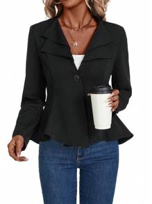 SHEIN Clasi 女士优雅双层领口收腰修身西装外套 - 黑色 - 查看 4