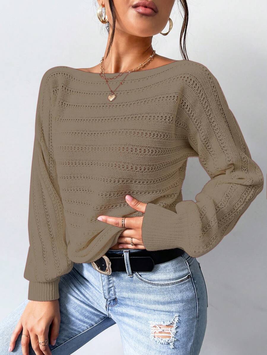 SHEIN LUNE Women's Casual Daily Boat Neck Loose Solid Color Sweater, Autumn/Winter Knit Pullover Fall - Brown - View 1