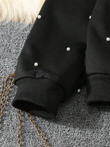 SHEIN Bộ 2 áo nỉ cổ Peter Pan đính ngọc trai cho bé gái tuổi mới lớn + quần ống loe thường ngày, Thu/Đông - màu đen - Xem 3