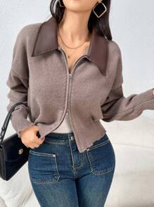 Seusyu Women's Casual Color Block Collar Double-Zipper Cardigan, Autumn And Winter