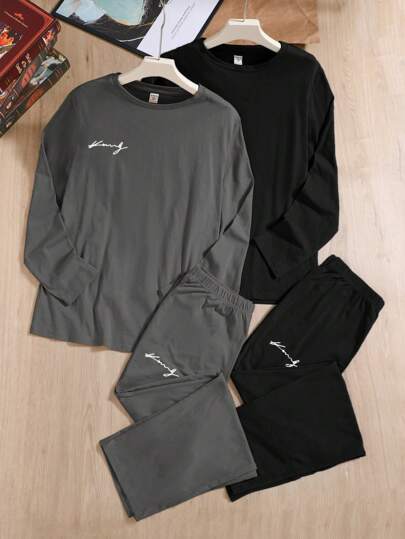 SHEIN Set de 4 piezas de ropa interior holgada y cómoda con estampado de letras para adolescentes, compuesto por top de manga larga y pantalones, en estilo retro deportivo