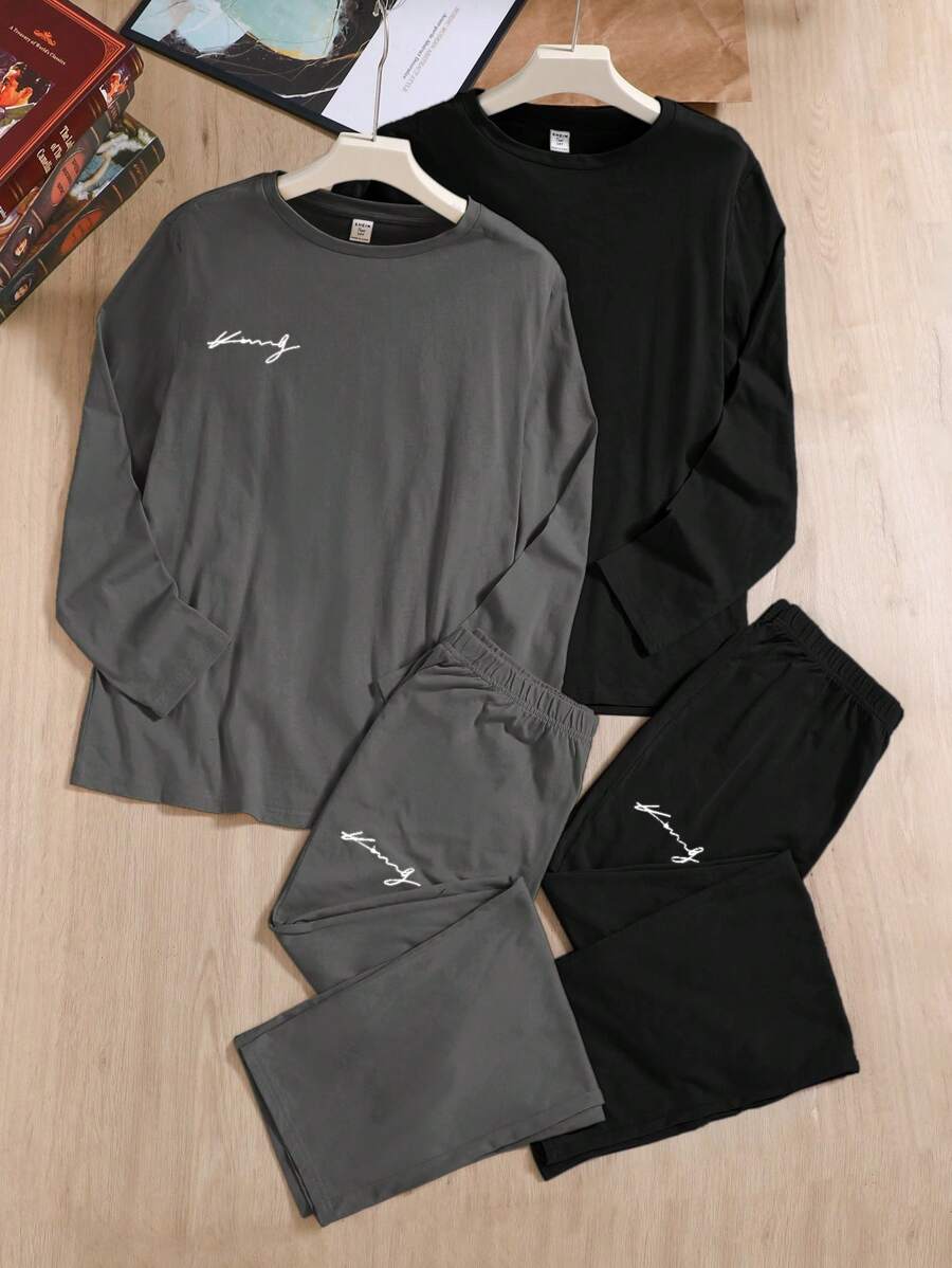 SHEIN 4pcs/Set Teenager Boys Casual Loose Comfy Letter Print Knitted Loungewear Set, Long Sleeve Top And Pants, Retro Sporty Style - Grey - View 1