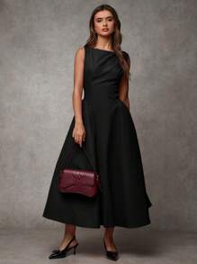 SHEIN BAE 女式复古酒红色无袖连衣裙，紧身腰部，适合约会、派对、返校 冬季女装 感恩节女装 冬季装 圣诞女装 圣诞女装 - 黑色 - 查看 4