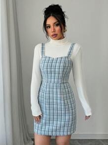Chiquease 格子印花粗肩带保暖优雅复古无袖连衣裙迷你短款女装 - 藍色 - 查看 5