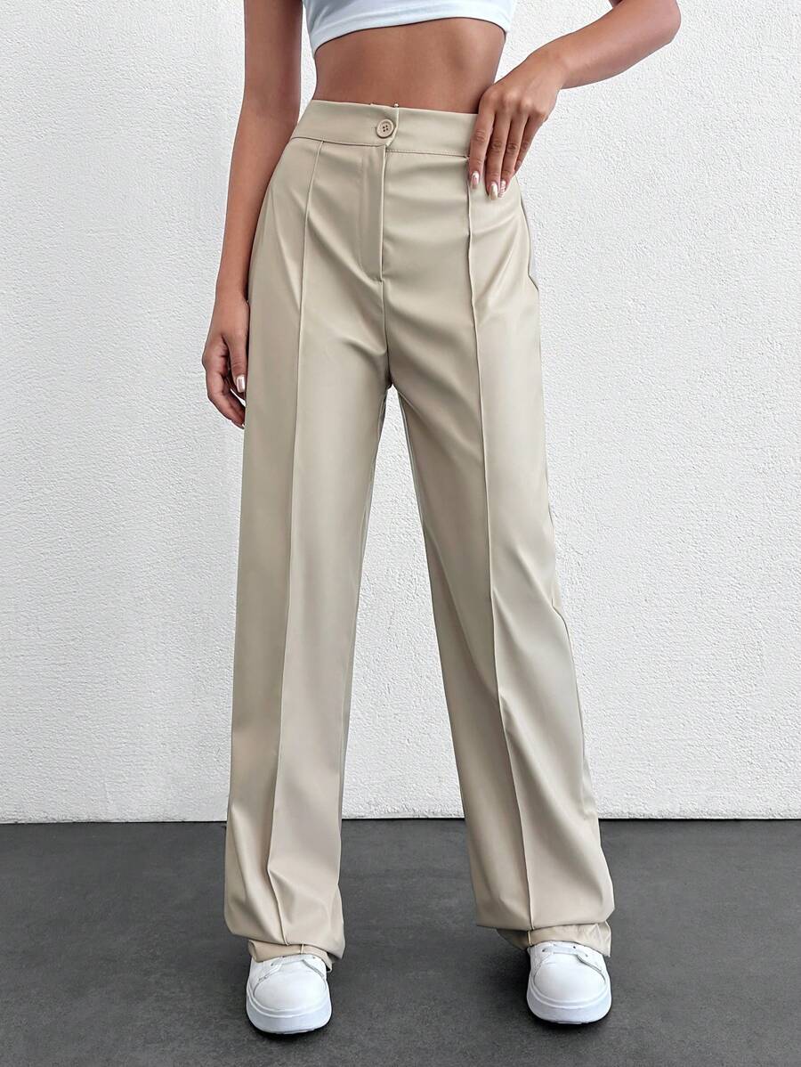 SHEIN Tall 高腰純色PU皮革喇叭褲,休閒百搭,適合高個女性 - 奶油色 - 查看 1