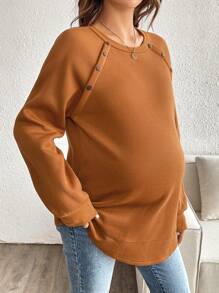 SHEIN 孕妇纯色圆领插肩袖休闲运动衫，秋季，冬季 - 棕色 - 查看 3