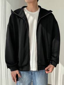 DAZY Men's Solid Color Long Sleeve Zip-Up Hoodie Sweatshirt, Casual For Autumn/Winter - Black - View 3