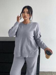 Flirla Plus Size Soft, Slimming & Versatile Casual Wide-Leg Pants And Long Sleeve Knit Set, For Winter - Grey - View 5