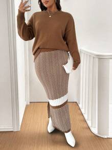 SHEIN Clasi Celure Plus Size Casual & Minimalist Solid Color Sweater With Contrast Color Split Hem Skirt Set, Autumn/Winter Fall Cloth For Women Party - Khaki - View 1