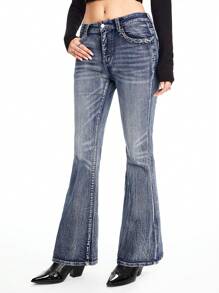 ROMWE Hippie Women's Cowgirl Embroidered Bohemian Style Denim Low Waist Jeans,Country