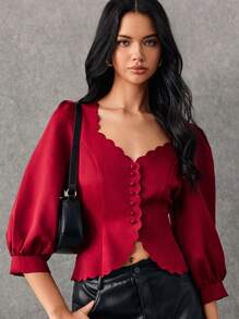 Poéselle 女士优雅纯色泡泡袖荷叶边衬衫，酒红色衬衫， - 酒紅色 - 查看 4